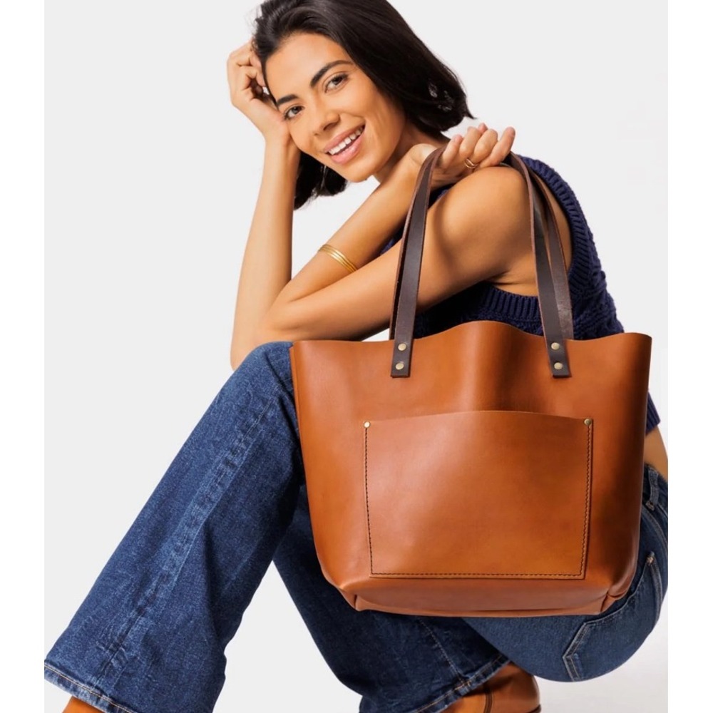 Portland Leather Tote Bag Cognac Brown Pebbled Zipper Top Shoulder Bag Large - Picture 3 of 11